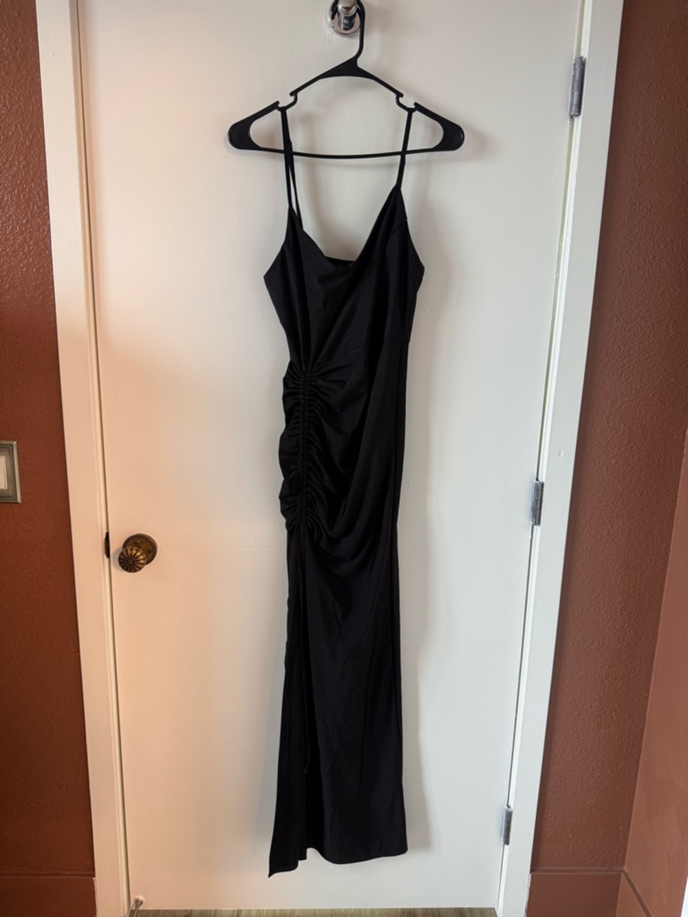 iris Black Ruched Spaghetti-Strap Maxi Dress